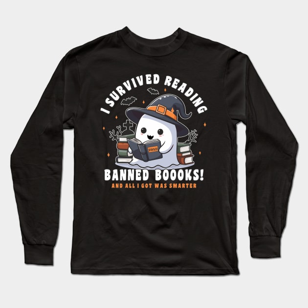 Halloween I Survived Reading Banned Boooks cute reading ghost Long Sleeve T-Shirt by FloraLi